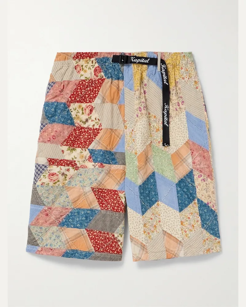 KAPITAL Easy Straight-Leg Quilted Patchwork Cotton and Linen-Blend Shorts Neutrals