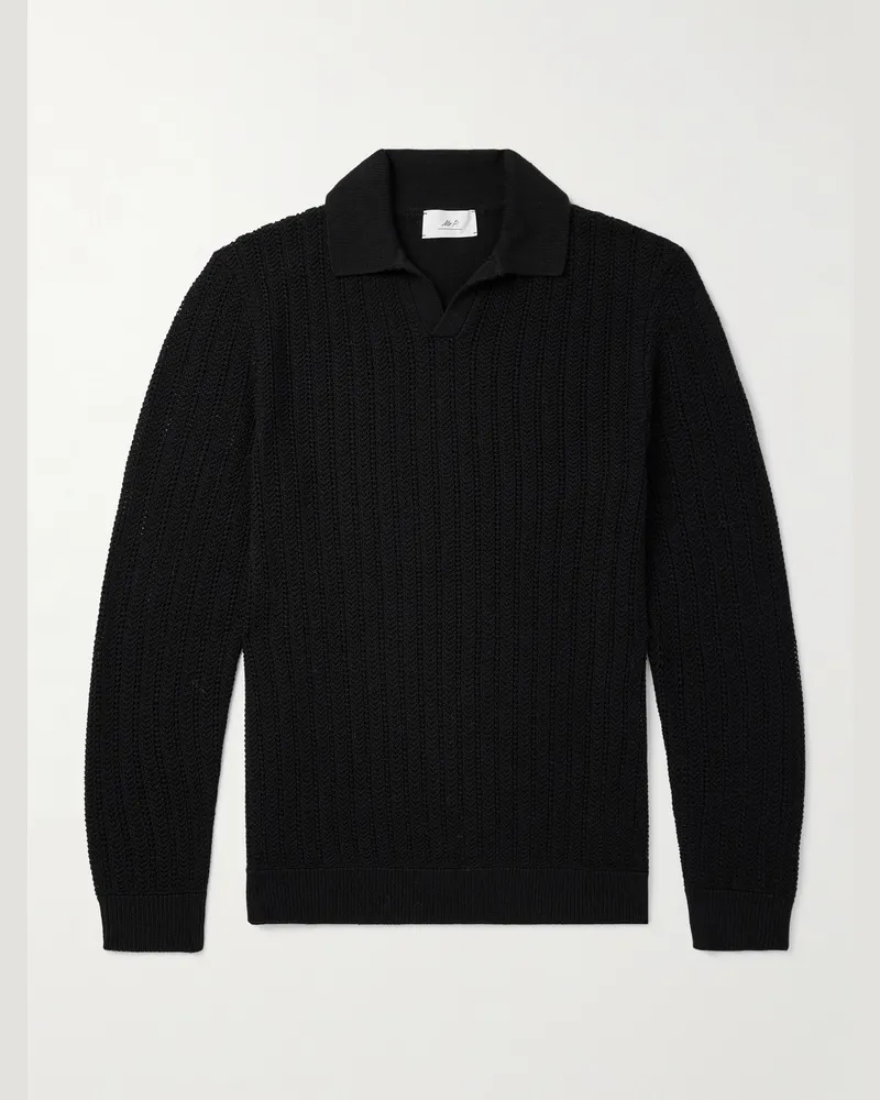 MR P. Pullover aus Wolle in Lochstrick mit Polokragen Schwarz