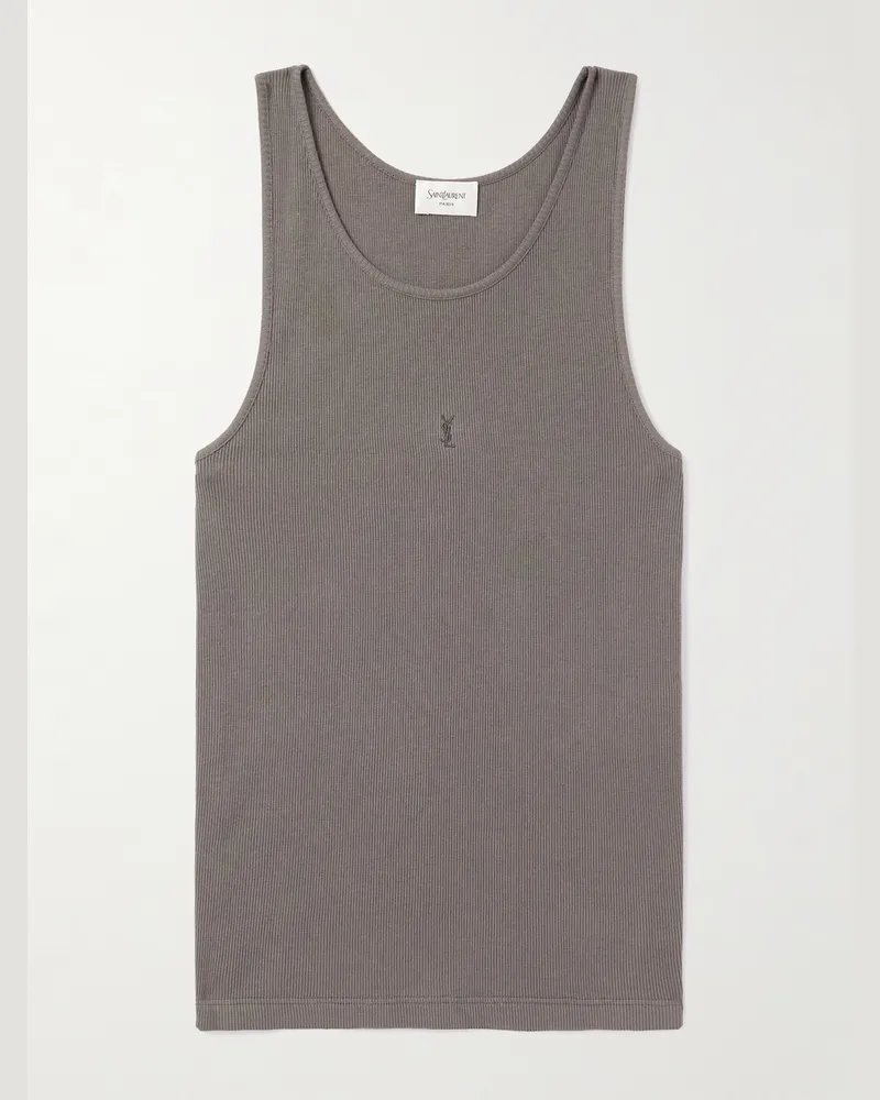Saint Laurent Logo-Embroidered Ribbed Cotton Tank Top Gray