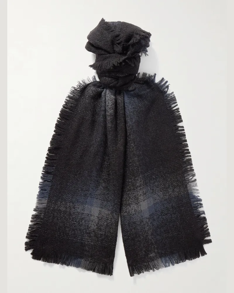 Johnstons of Elgin Frayed Checked Cashmere and Silk-Blend Bouclé Scarf Black