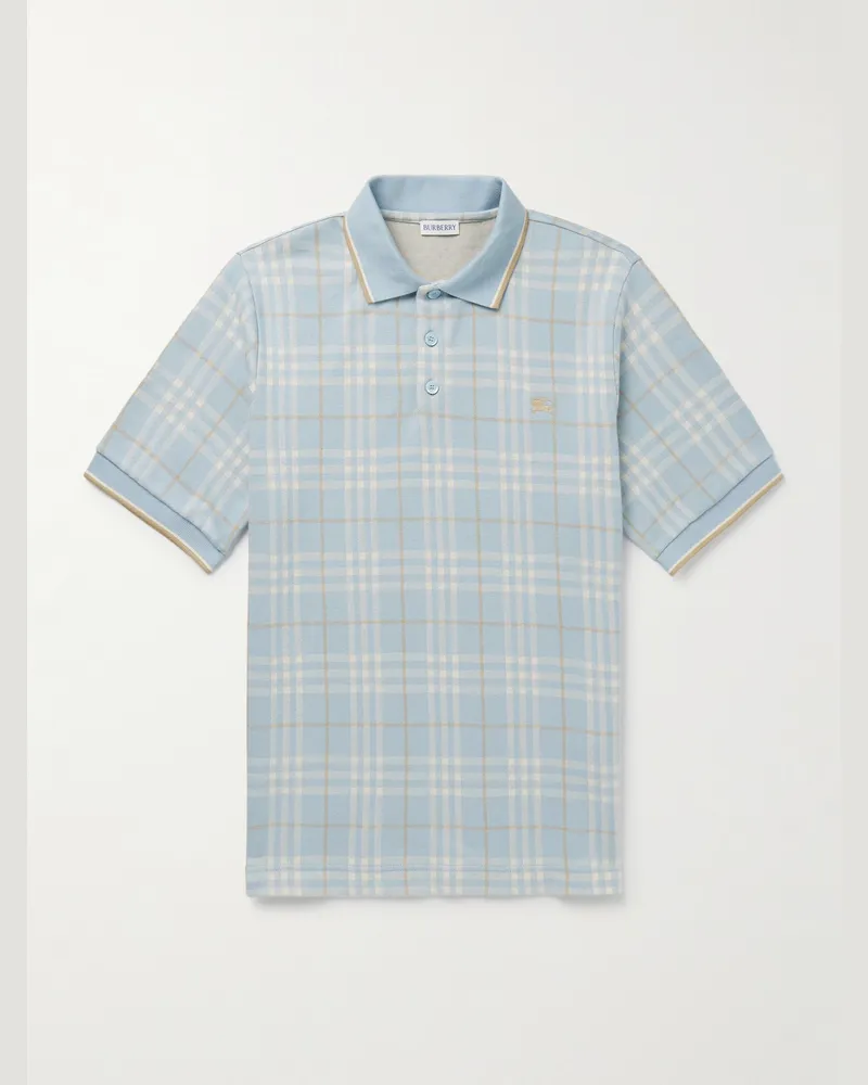 Burberry Polohemd aus kariertem Jacquard-Strick aus Baumwolle mit Logostickerei Blau