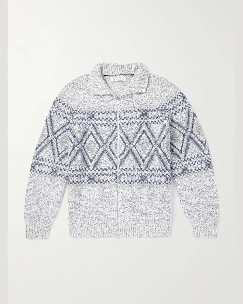 Brunello Cucinelli Cardigan aus einer Mischung aus Wolle, Seide und Kaschmir mit Fair-Isle-Muster und Reißverschluss Grau