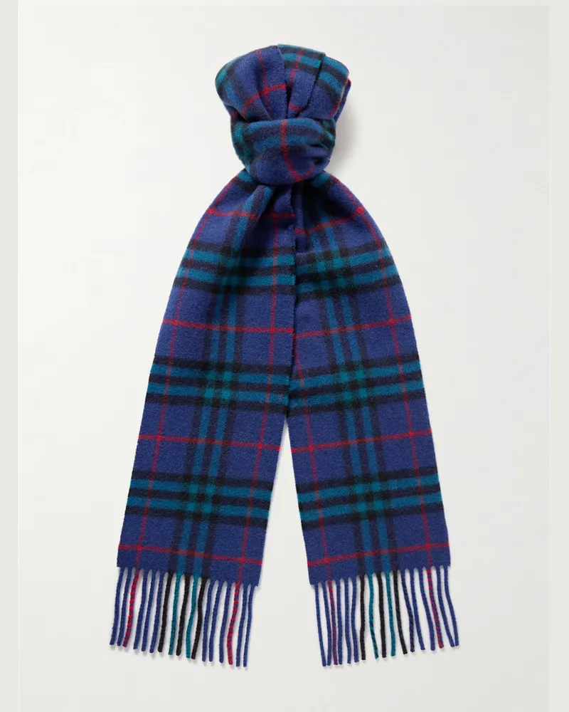 Burberry Fringed Checked Cashmere Scarf Blue