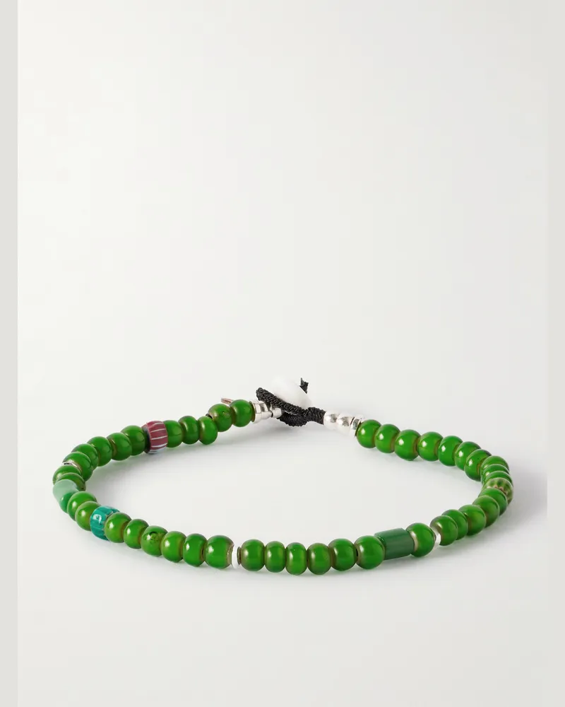 Mikia Sterling Silver, Glass and Shell Beaded Bracelet Green