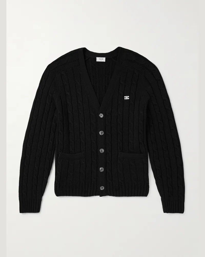 Celine Cardigan aus Kaschmir in Zopfstrick mit Logostickerei Schwarz