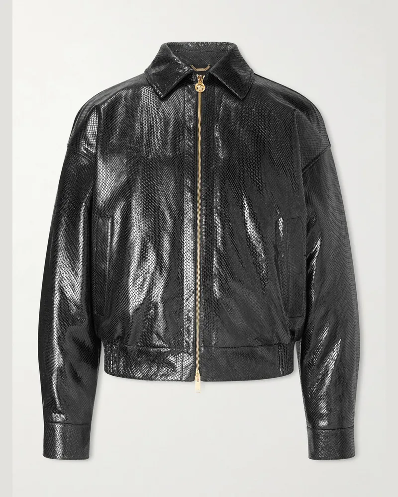 Versace Padded Snake-Effect Leather Blouson Jacket Black
