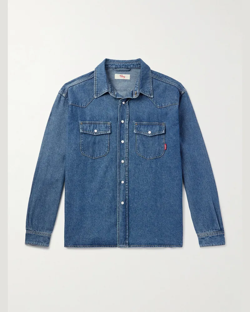 Cherry Los Angeles Logo-Print Denim Shirt Blue