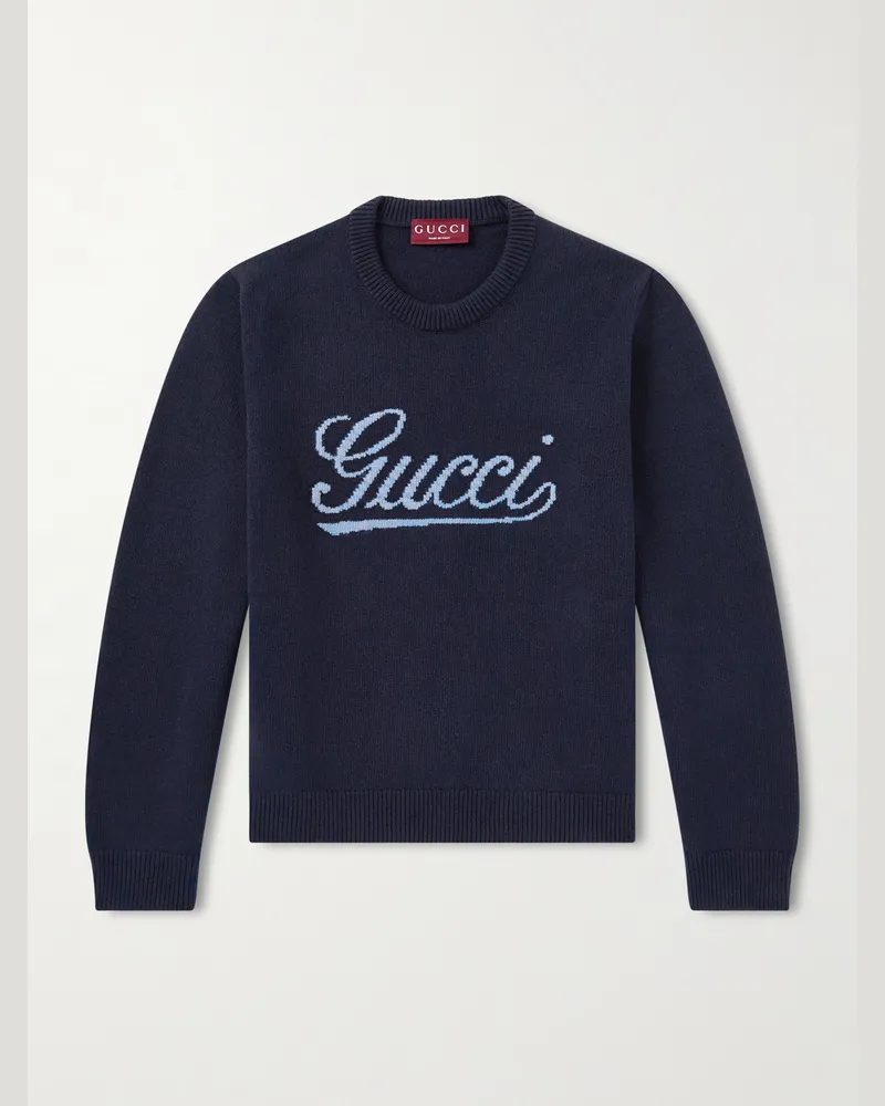 Gucci Logo-Intarsia Wool Sweater Blue