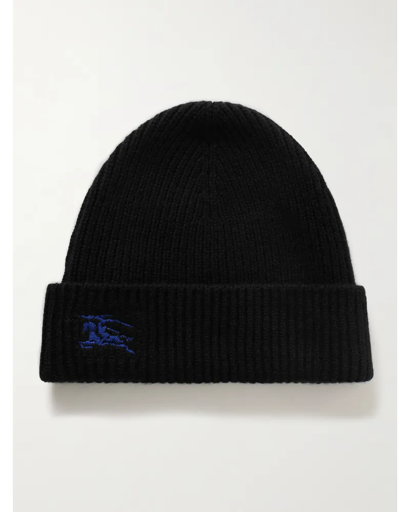 Burberry Beanie aus Kaschmir in Rippstrick mit Logostickerei Schwarz