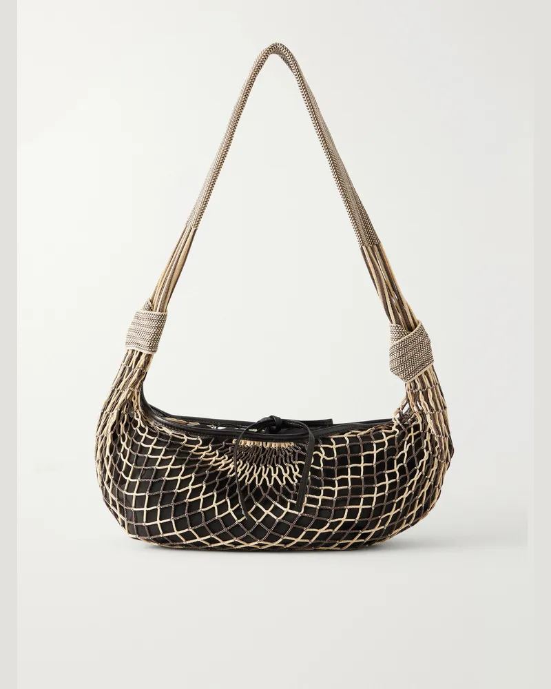 Christophe Lemaire Filt Croissant Leather-Trimmed Fishnet Messenger Bag Neutrals