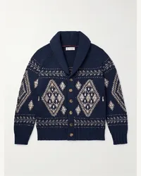 Brunello Cucinelli Cardigan aus Jacquard-Strick aus Kaschmir mit Schalkragen Blau