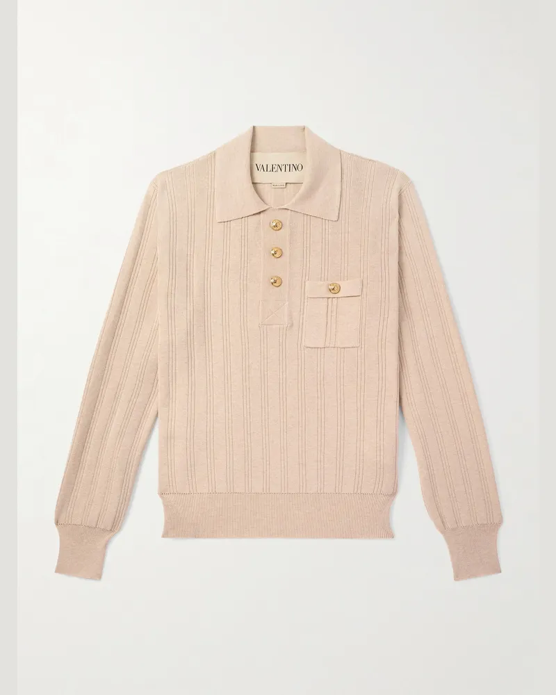Valentino Garavani Ribbed Cotton Polo Shirt Neutrals