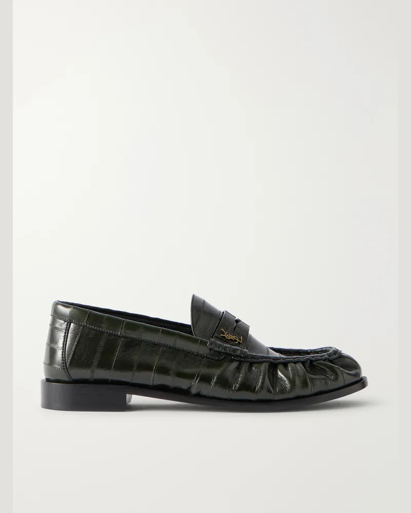 Saint Laurent Le Loafer Monogram Croc-effect Leather Loafers Green