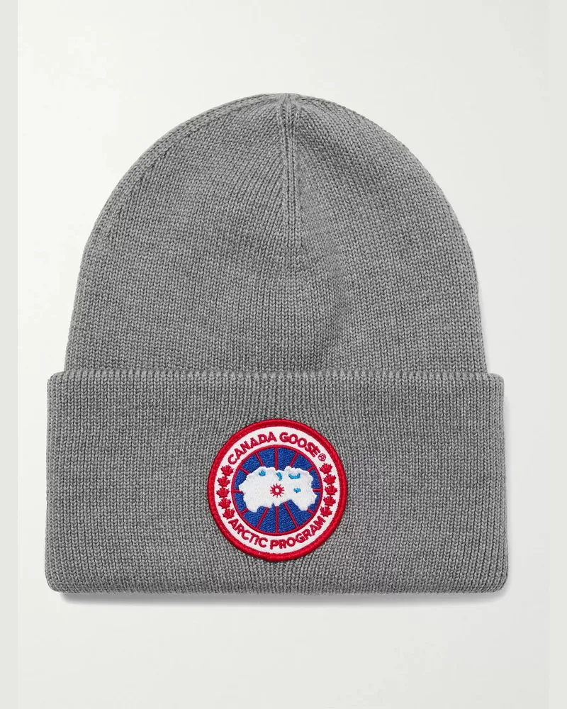 Canada Goose Logo-Appliquéd Merino Wool Beanie Gray