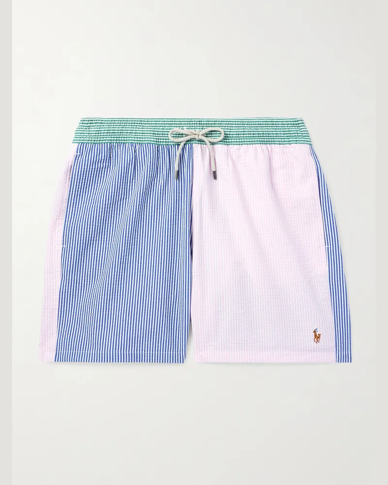 Ralph Lauren Gerade geschnittene mittellange Badeshorts aus gestreiftem Seersucker aus einer Baumwollmischung mit Logostickerei Blau