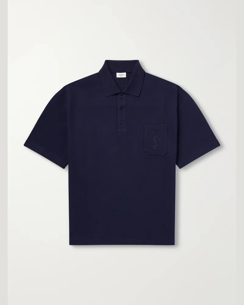 Saint Laurent Cassandre-Embroidered Cotton-Piqué Polo Shirt Blue