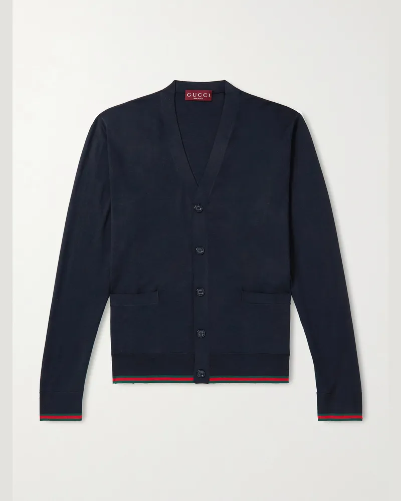 Gucci Webbing-Trimmed Wool Cardigan Blue