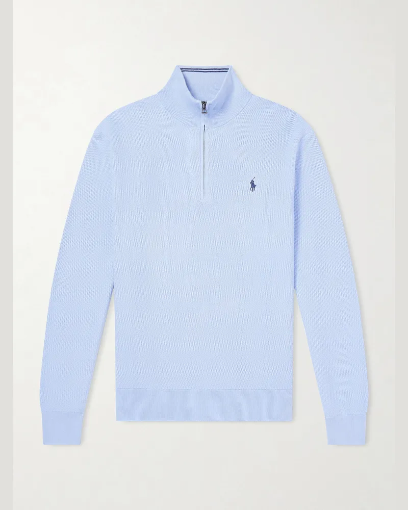 Ralph Lauren Logo-Embroidered Cotton-Piqué Half-Zip Sweater Blue