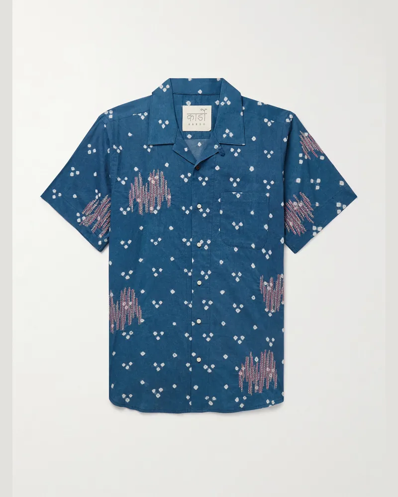 KARDO Lamar Convertible-Collar Embroidered Printed Cotton-Voile Shirt Blue
