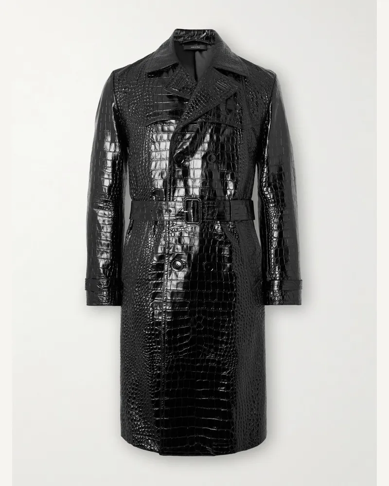 Tom Ford Doppelreihiger Trenchcoat aus Leder mit Krokodileffekt Schwarz