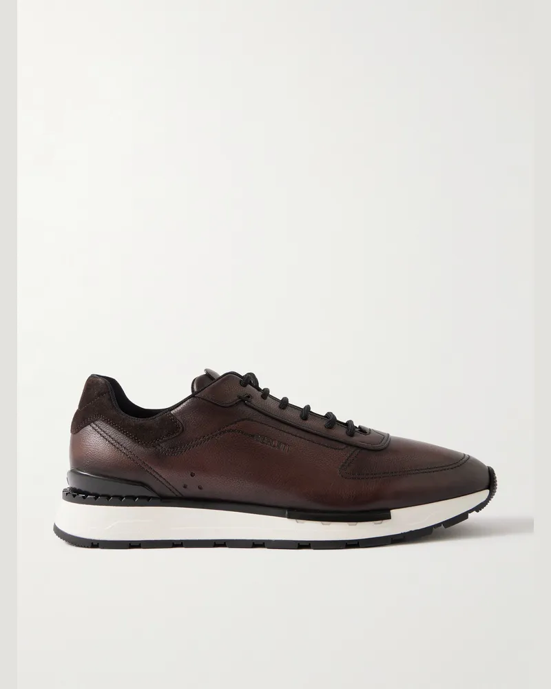 Berluti Fast Track Suede-Trimmed Full-Grain Venezia Softy Leather Sneakers Brown