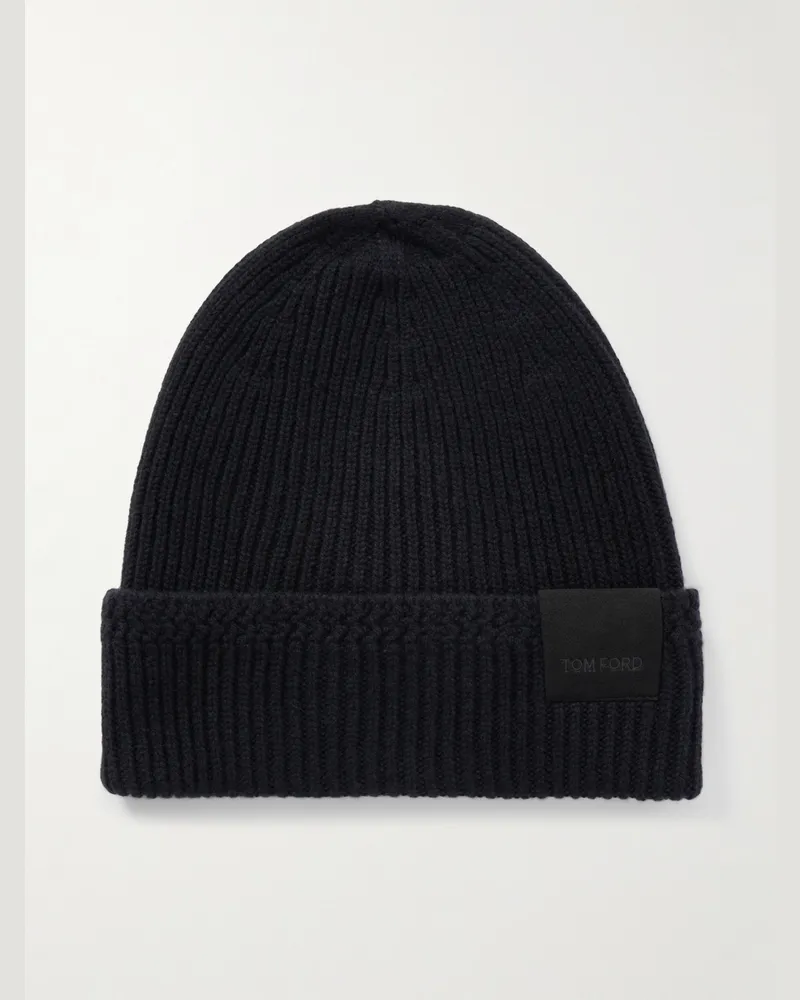 Tom Ford Beanie aus Kaschmir in Rippstrick mit Logoapplikation Blau
