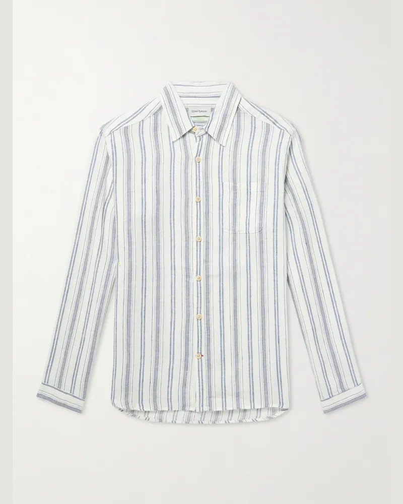 Oliver Spencer New York Special gestreiftes Hemd aus einer Baumwoll-Leinenmischung Blau
