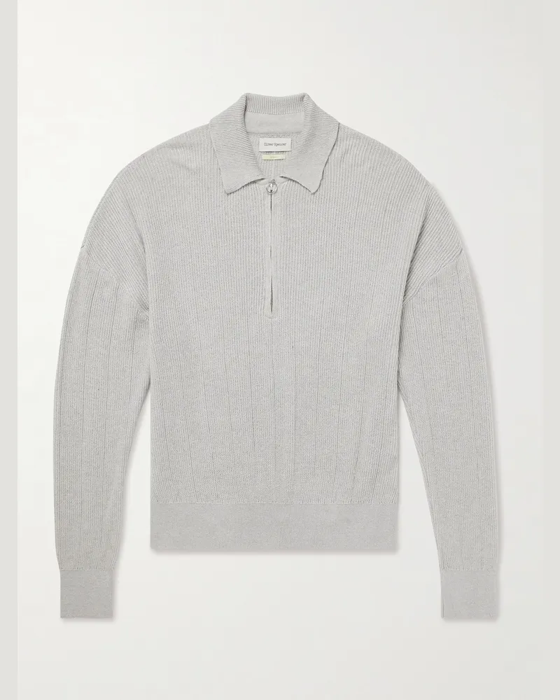 Oliver Spencer Brice Ribbed Organic Cotton and Merino Wool-Blend Half-Zip Sweater Gray