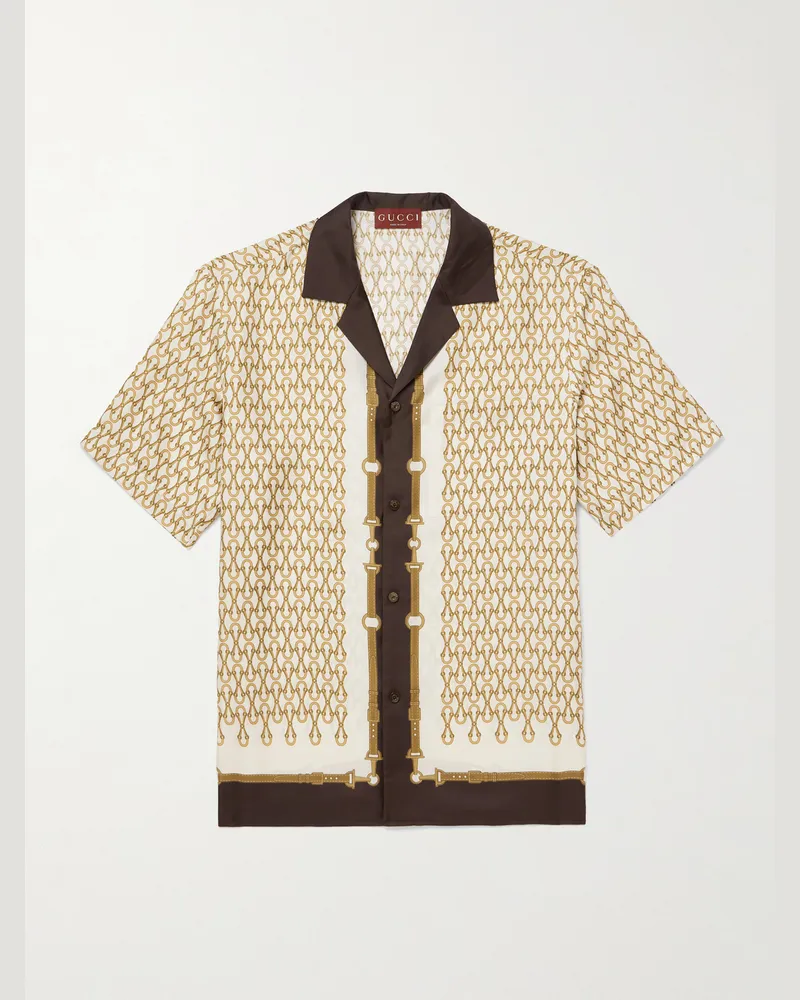 Gucci Camp-Collar Printed Silk-Twill Shirt Neutrals