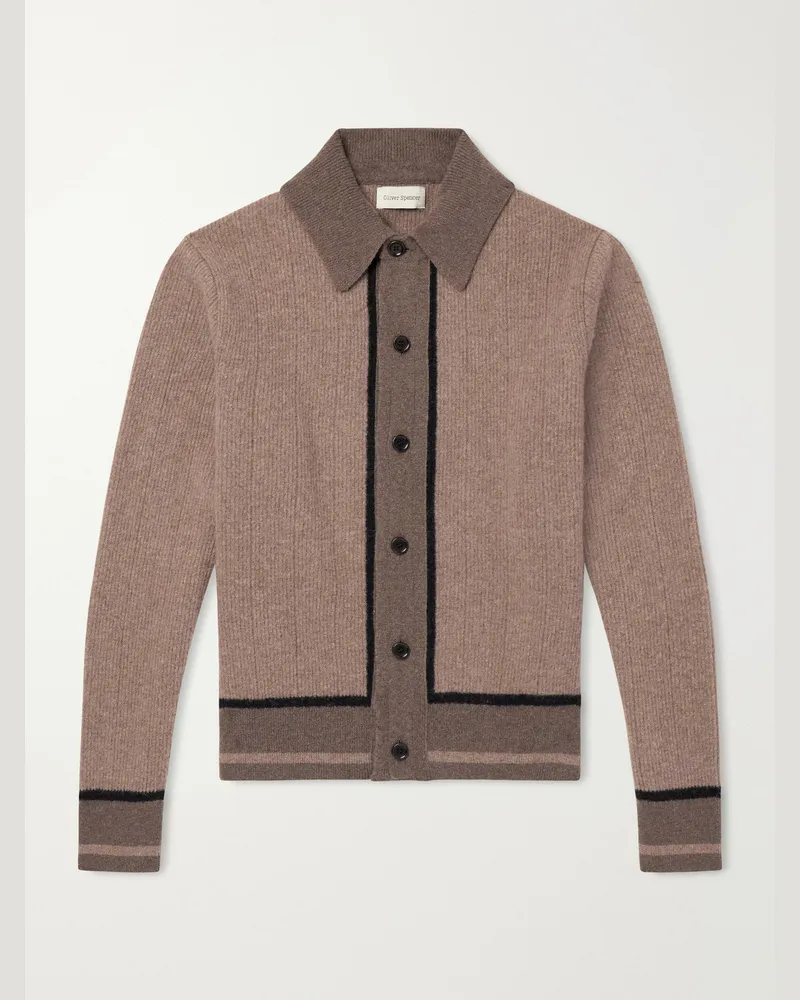 Oliver Spencer Britten Ribbed Merino Wool Cardigan Brown