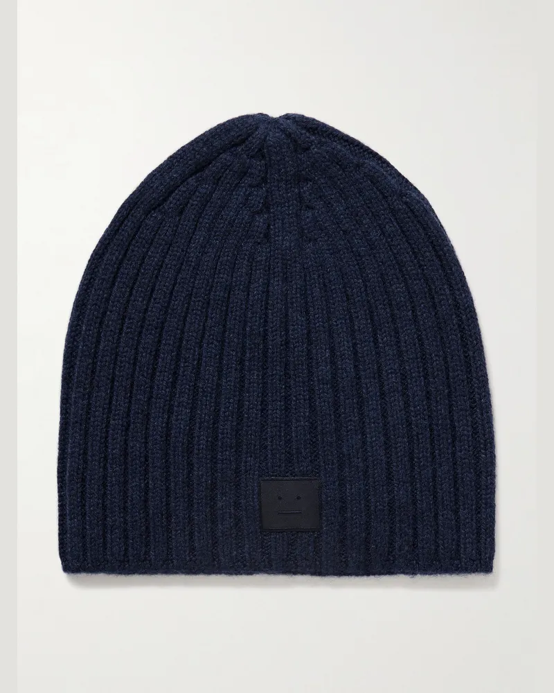 Acne Studios Kubi Beanie aus einer Woll-Yakwollmischung in Rippstrick mit Logoapplikation Blau