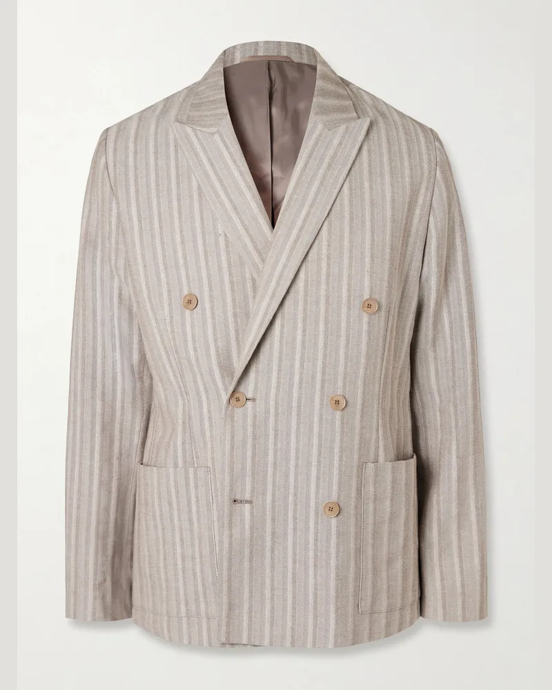 NN 07 Jordin 10058 Double-Breasted Striped Cotton-Blend Herringbone Blazer Brown