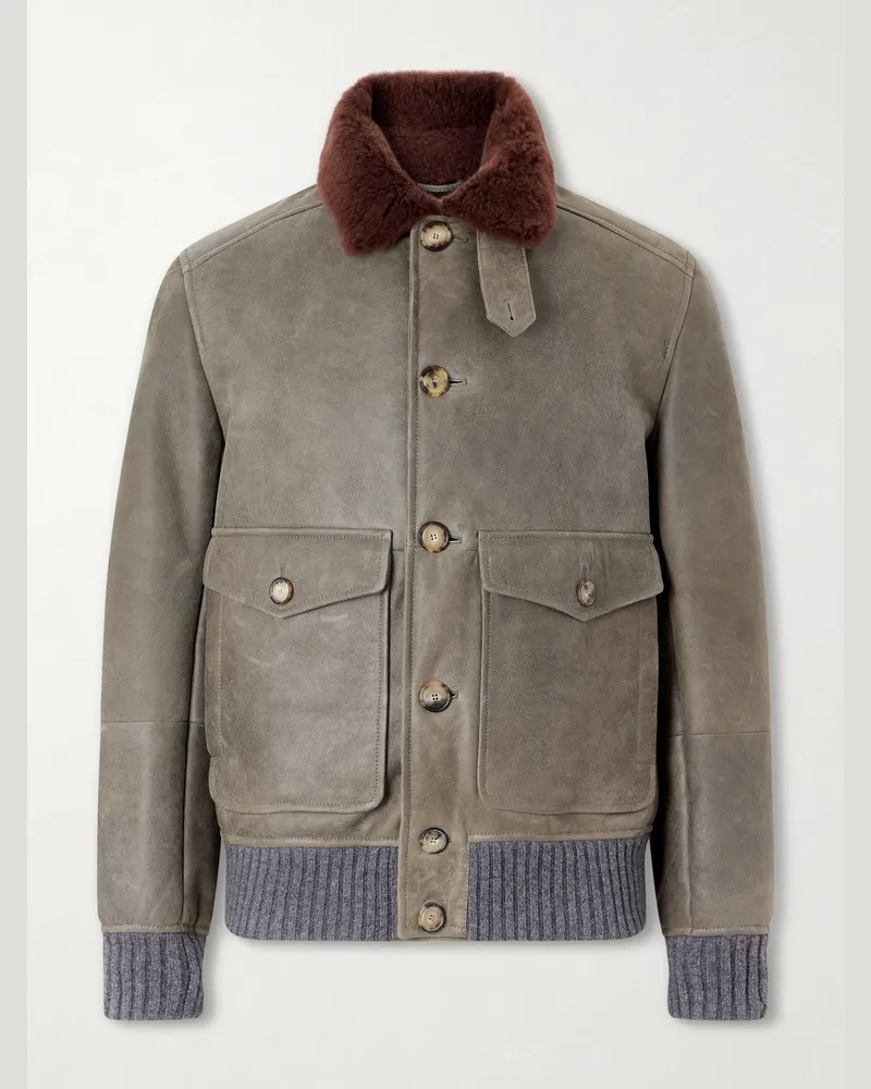 Brunello Cucinelli Shearling Bomber Jacket Green