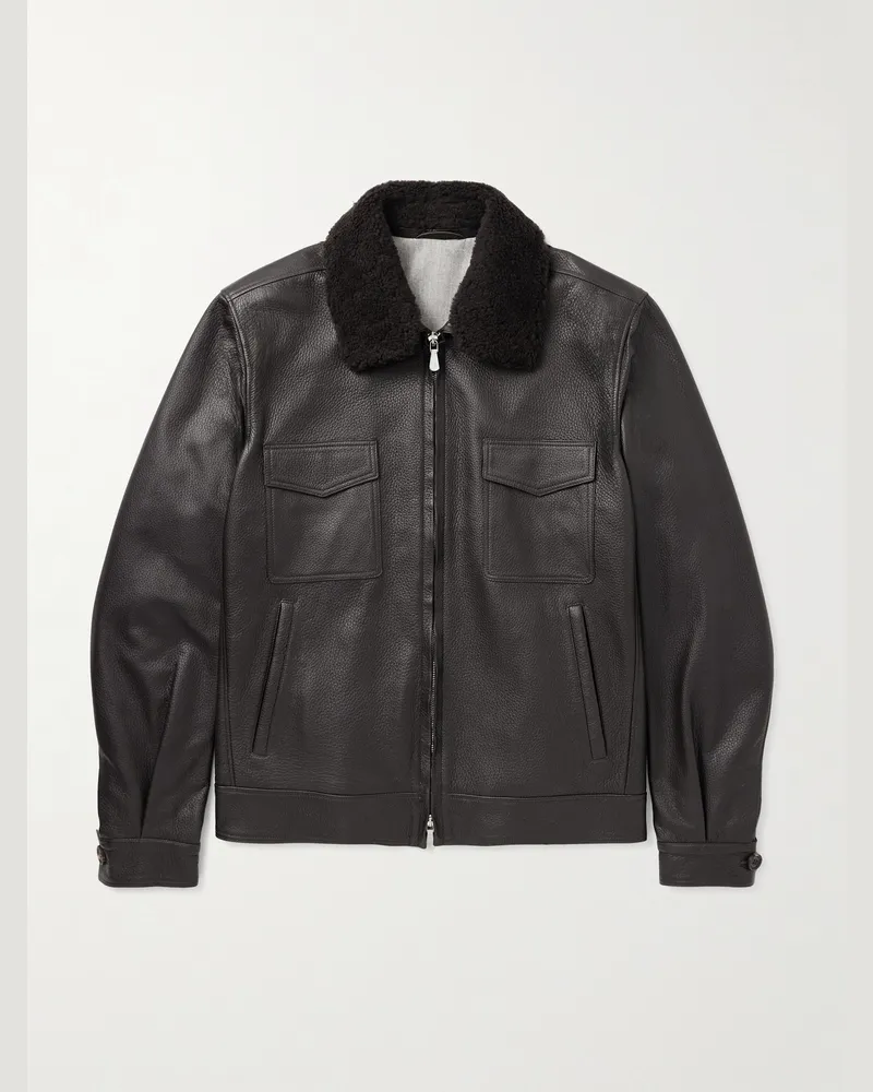 Eleventy Shearling-Trimmed Leather Bomber Jacket Brown