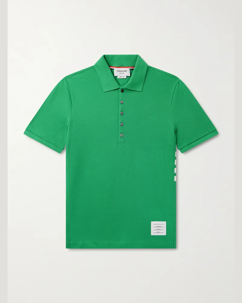 Thom Browne Logo-Appliquéd Striped Cotton-Piqué Polo Shirt Green