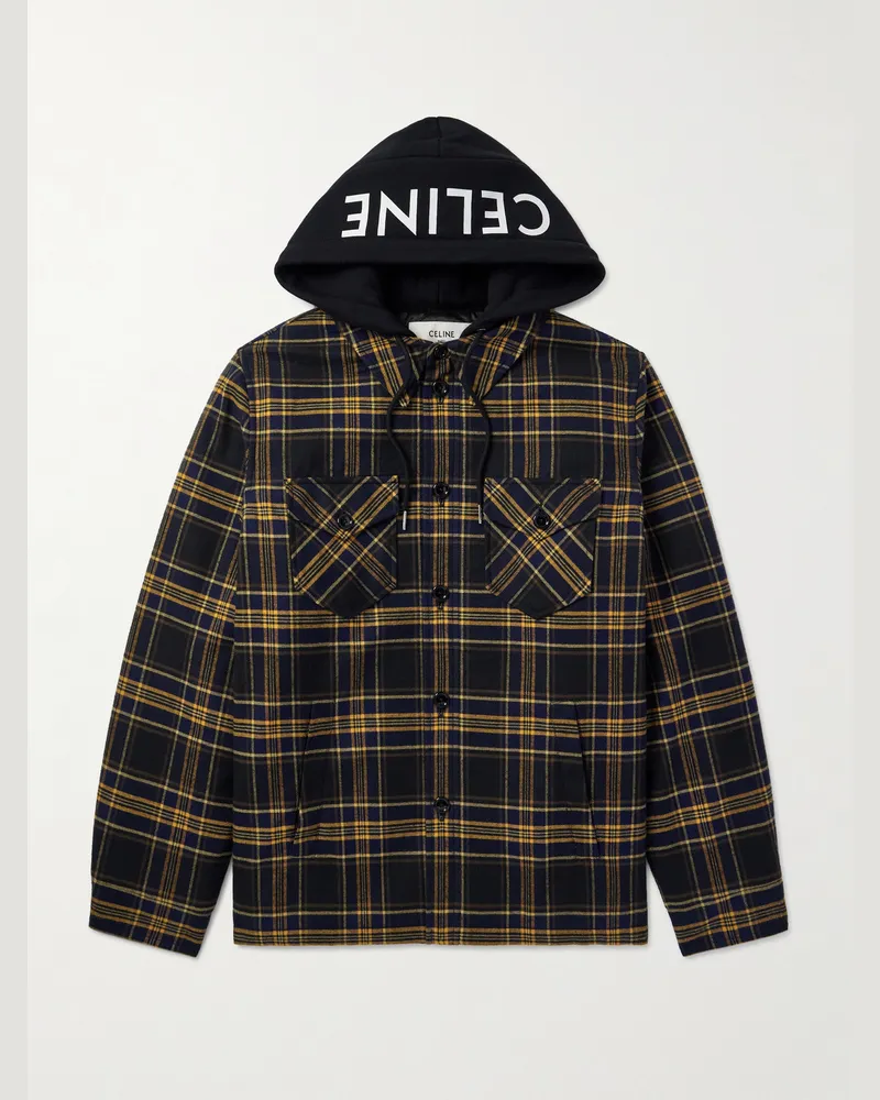 Celine Hemdjacke aus kariertem Baumwollflanell mit Kapuze aus Jersey und Logoprint Blau
