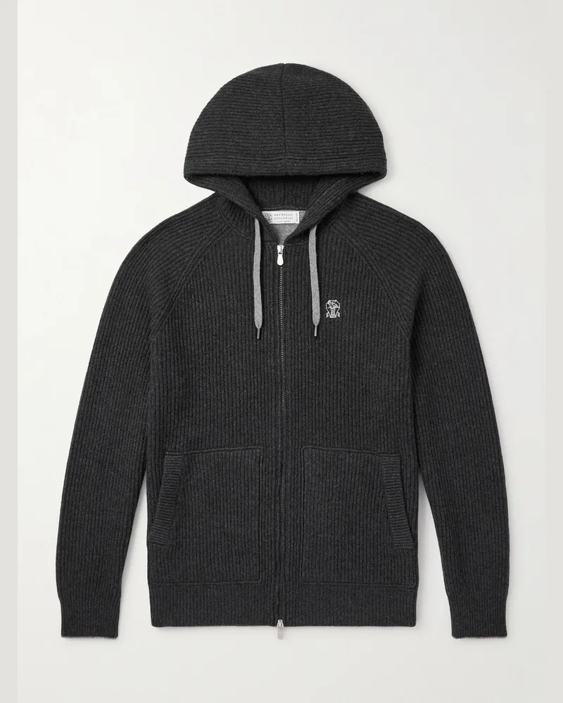 Brunello Cucinelli Kapuzenjacke aus Kaschmir in Rippstrick mit Logostickerei und Reißverschluss Grau