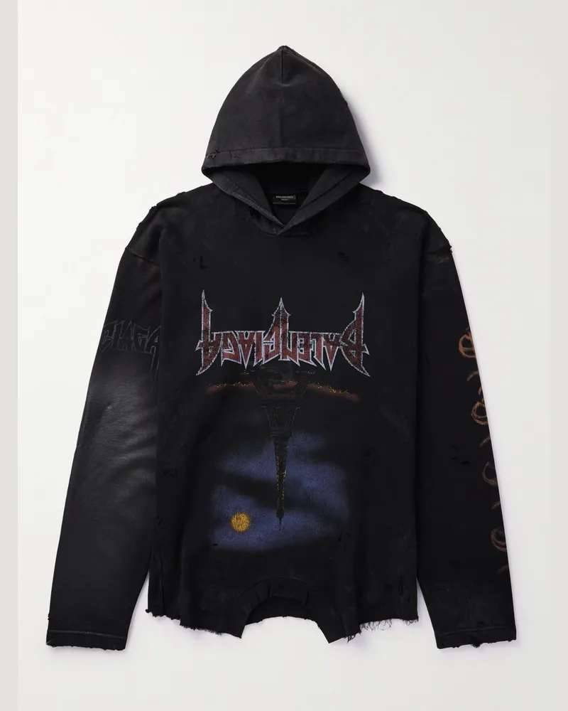Balenciaga Oversized Distressed Printed Cotton-Jersey Hoodie Black