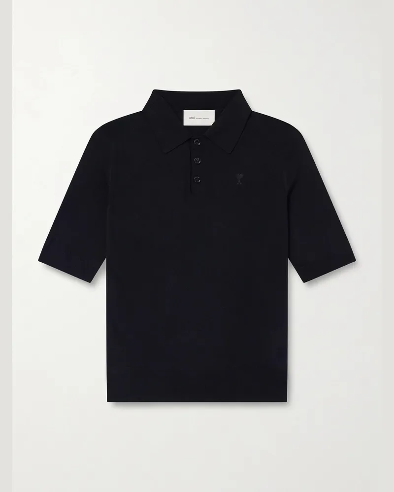 AMI Paris Logo-Embroidered Cotton Polo Shirt Black