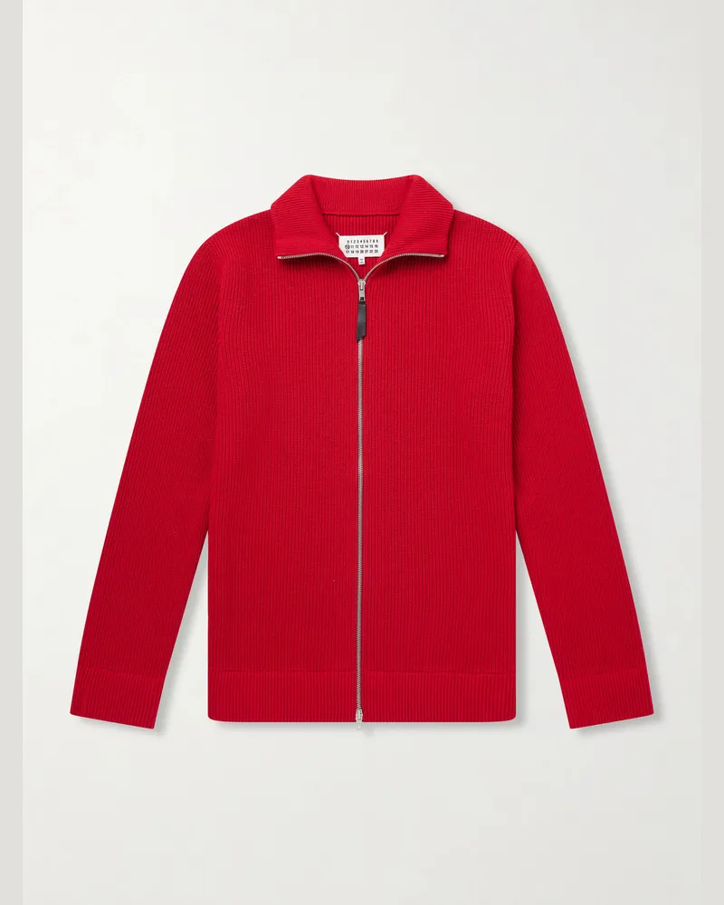 Maison Margiela Ribbed Cotton and Wool-Blend Zip-Up Cardigan Red