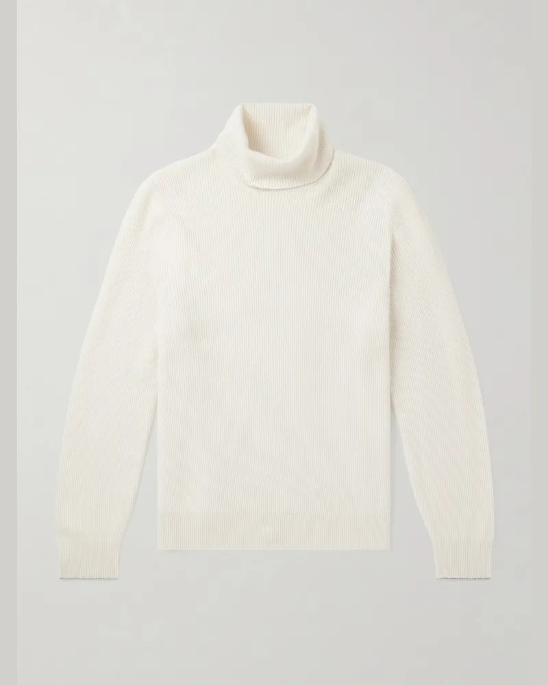 Brunello Cucinelli Rollkragenpullover aus Kaschmir in Rippstrick Neutral