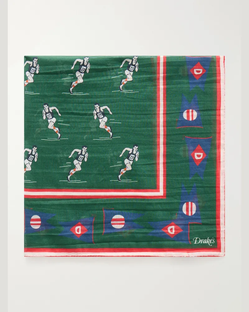 Drake's Printed Cotton and Silk-Blend Scarf Green