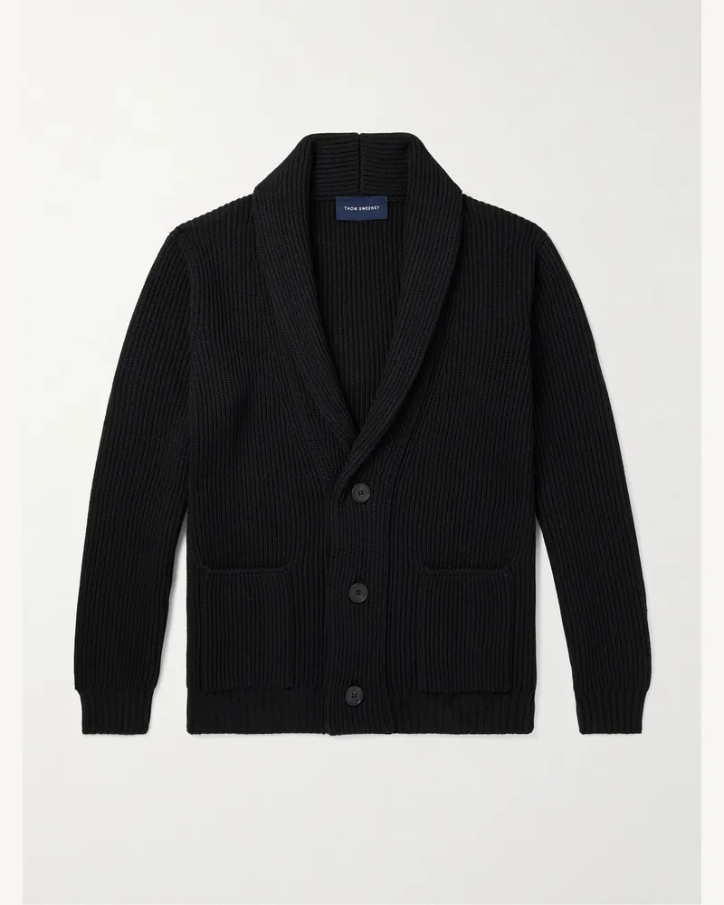 Thom Sweeney Cardigan aus Merinowolle in Rippstrick mit Schalkragen Schwarz