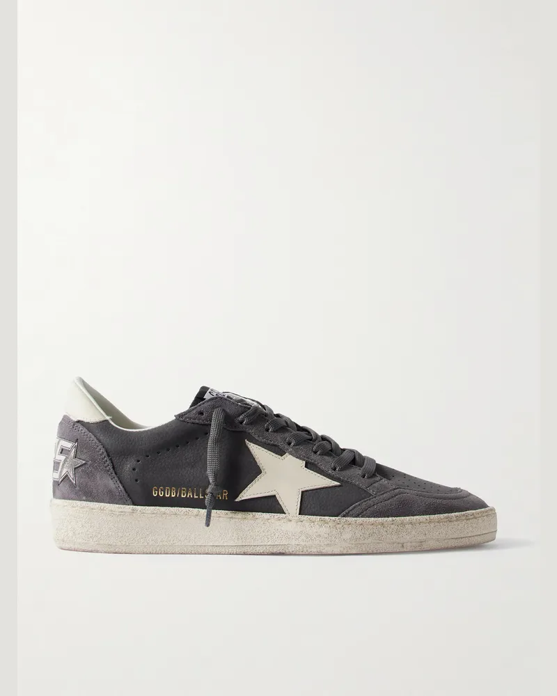 Golden Goose Ball Star Distressed Suede-Trimmed Leather Sneakers Gray