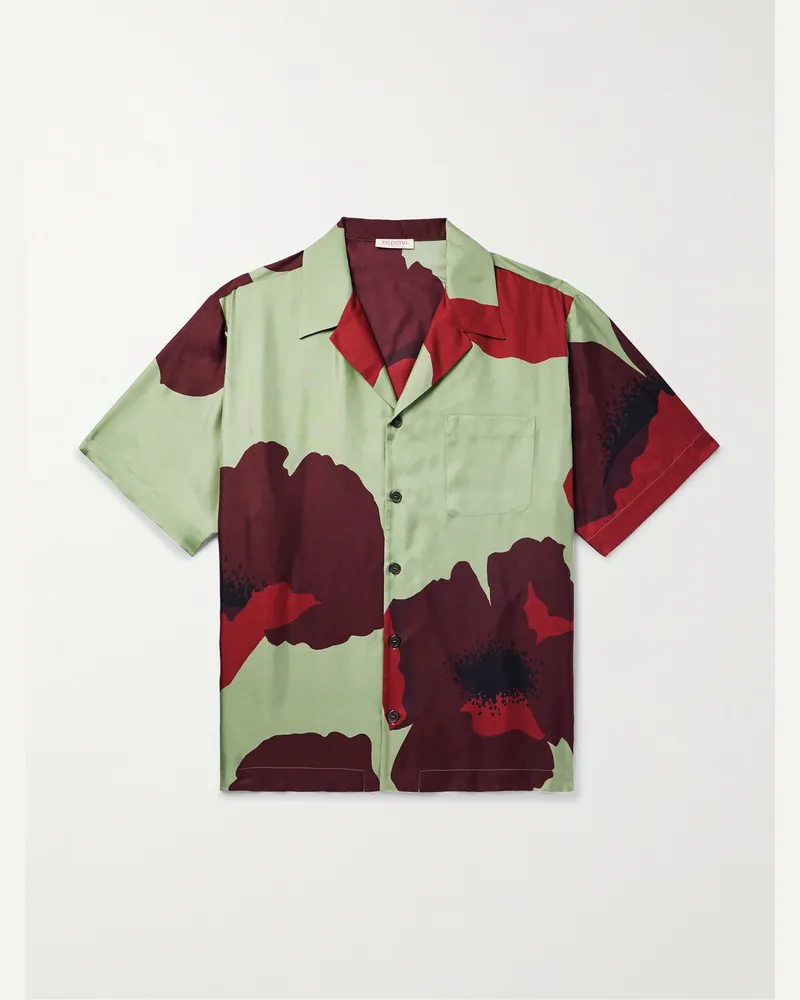 Valentino Garavani Camp-Collar Floral-Print Silk-Twill Shirt Green