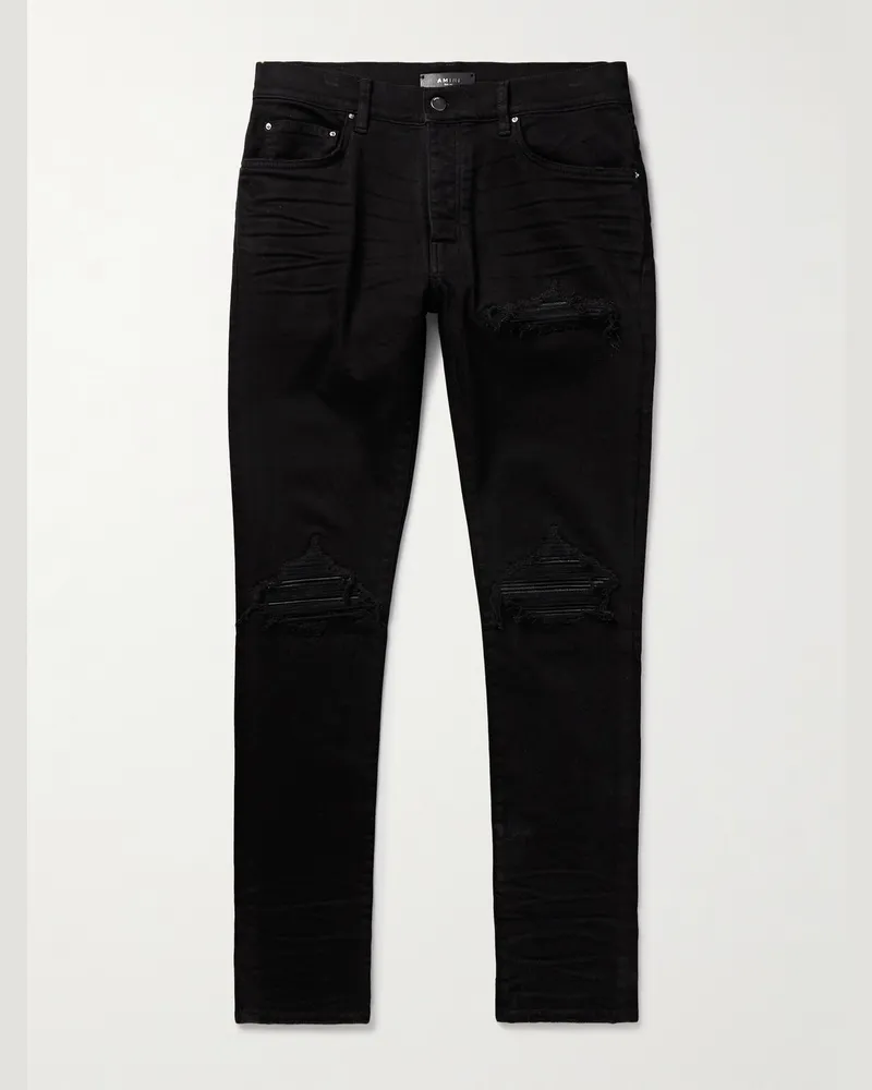 Amiri MX1 Skinny Jeans mit Einsätzen aus Leder in Distressed-Optik Schwarz