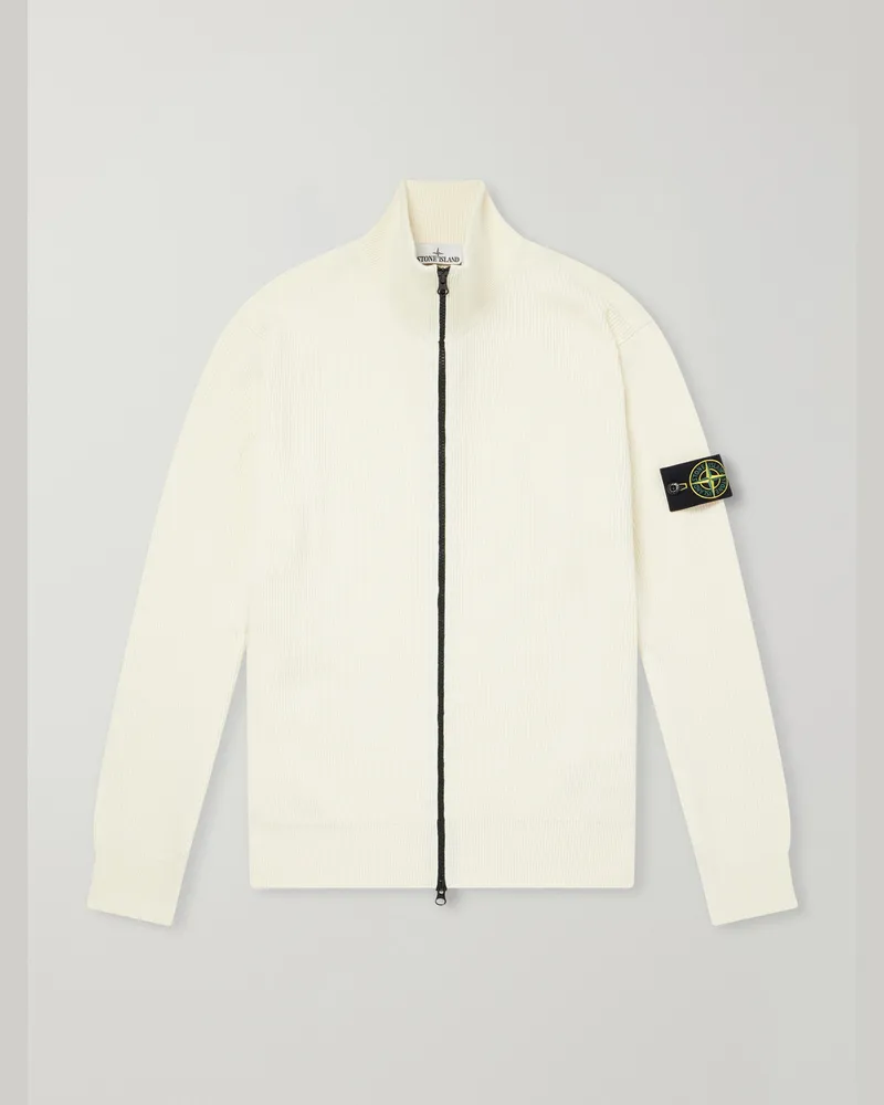 Stone Island Ribbed Cotton Zip-Up Sweater Neutrals