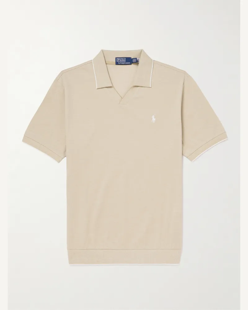 Ralph Lauren Open-Collar Logo-Embroidered Cotton-Blend Piqué Polo Shirt Neutrals