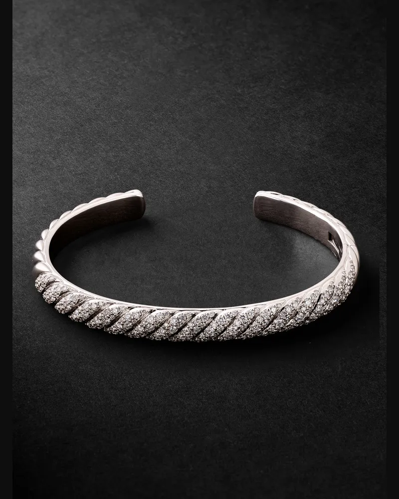 David Yurman Sculpted Cable 18-Karat White Gold Diamond Cuff Silver