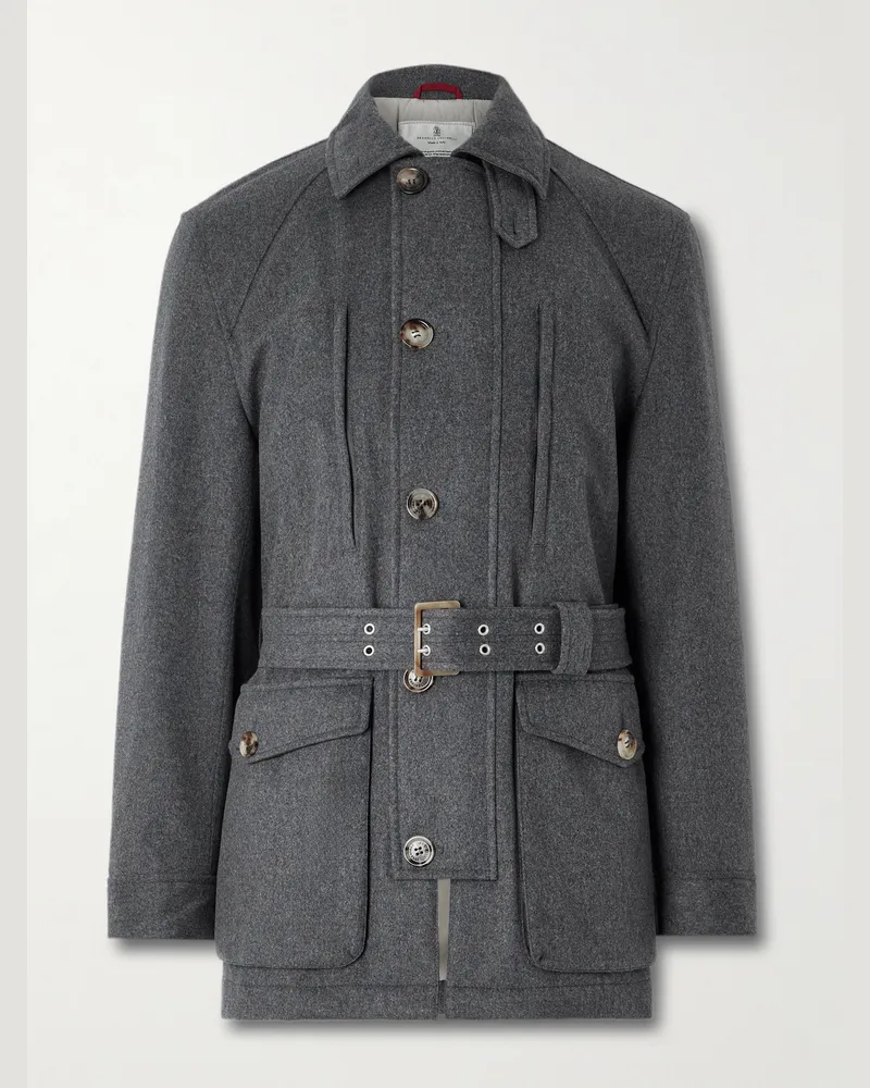 Brunello Cucinelli Cappotto Feldjacke aus Wolle mit Lederbesatz und Gürtel Grau